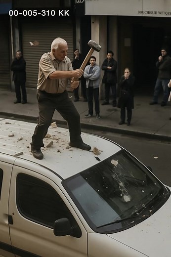 A man was standing on the roof of a car smashing it with a...