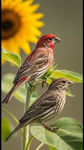 Pair of House Finches Perched Gracefully on Sunflower Leaves Amid Blurred Yellow Bloom. #wildlife #birds #nature #natgeowild #birdsounds #natgeoindia | Amazing Things in Rural Areas
