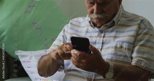 Senior man cradling smartphone on bed tapping and activating code overlays while checking security