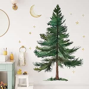 Runtoo Pine Tree Wall Art Decal Peel and Stick Christmas Woodland Mountain Tree Wall Stickers for Nursery Bedroom Living Room Wall Decor