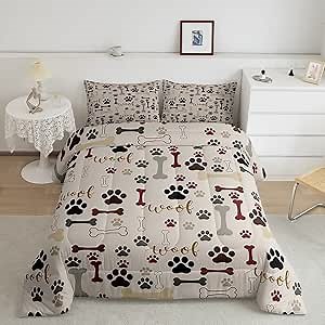 Dog Paw Print Comforter Set Full Size,Bone Pattern Bedding Set 3pcs for Kids Teens Girls Boys Room Decor,Pet Animal Quilt Set Cartoon Duvet Insert with 2 Pillowcases