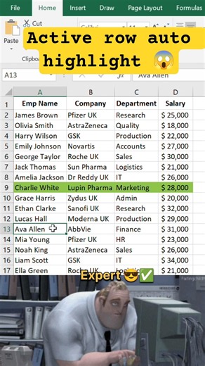 how to highlight an active row in Excel | beginner vs Expert excel tips #excel #exceltips #shorts