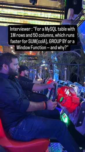 Shashank Mishra on Instagram: "“For a MySQL table with ~1M rows and 50 columns, which runs faster for SUM(colA): GROUP BY or a Window Function — and why?” • In most real systems, GROUP BY is faster when you only need aggregated results. • Window functions are more expensive because they preserve all rows and compute aggregates over partitions. ⸻ ➤ What MySQL is doing internally • GROUP BY – Scans rows – Builds aggregation state (hash or sort based) – Collapses data into one row per group – Produ