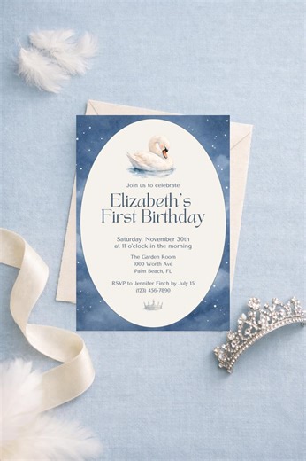 Swan Princess First Birthday Invitation Template, Editable Canva Invite (digital Download) - Etsy