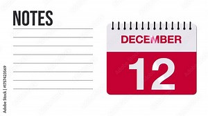 December 12 Calendar Animation with Free Space for Notes and Writing 4K motion graphic element