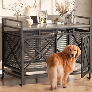 48 inch Dog Crate Furniture for Large Breeds (Up to 90 lb), Wooden & Steel, 360° Casters, Waterproof Top, Steel Lock,Textured Gray