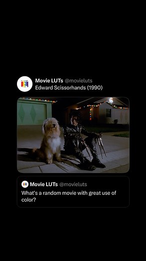 Movie LUTs on Instagram: "In Tim Burton’s “Edward Scissorhands,” color plays a pivotal role in contrasting the film’s settings and characters. The suburban neighborhood is depicted with bright, pastel hues, symbolizing an inviting yet superficial community. In stark contrast, Edward’s mansion is portrayed in desaturated tones, reflecting his isolation and the gothic elements of his existence. Edward himself, with his pale skin and dark attire, visually stands apart from the vibrant townspeople,