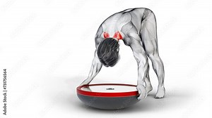 3d illustration of muscular man training his trapezius muscle by doing push up on Half Balance Ball