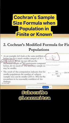 Cochran’s Formula for Sample Size Calculation (Finite or known Population) | Research Methodology
