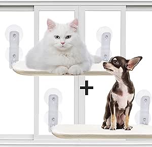 Cat Hammock - Comfortable Cat Window Shelf, Cat Window Perch for Indoor Cats,Cat Bed, 4 Suction Cups, Metal Frame, Foldable Design -Two Covers in Pack, Free Combing Glove (2 Pack)