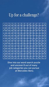 Ready for a challenge? Dive into our word search puzzle and uncover 8 out of many job categories you can pursue at Mercedes-Benz. Can you find them all? Share your findings with us! #mercedesbenz #mercedesbenzcareers #wordsearch #challengeaccepted #jobopportunities | Mercedes-Benz Careers