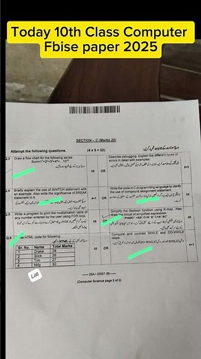 Fbise 10th class Computer paper 2025 federal board class 10 computer paper 2025 fbise