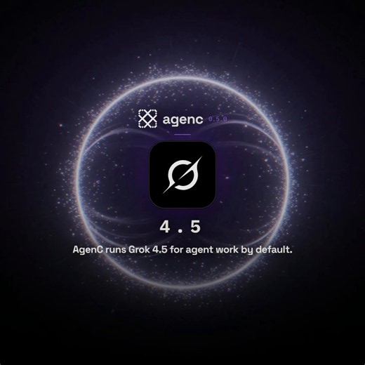 AgenC runs Grok 4.5 by default now.Sign in with SuperGrok or X Premium through X. No API key.Web search, X search, code tools, image and video, all in one agent session. Open Source, runs on your machine.curl -fsSL httpx://get.agenc.ag/install.sh | shthen /grok-login