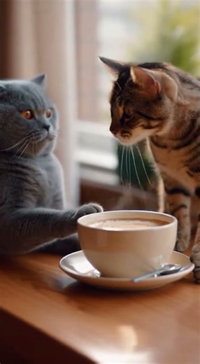 British Shorthair Tries to Touch the Coffee Cup… Tabby Cat Says NO! 😹☕
