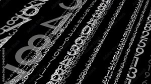 Data stream in motion computational animation of numerical code for information design. Digital numbers in tech background transforming data flow through animated digits