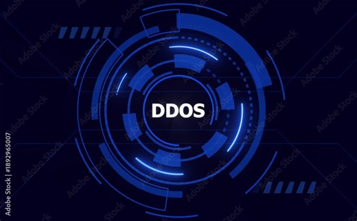 Digital abstract HUD interface with the word DOS in the center on a dark blue background DDOS cyber attack.4k animation motion graphics video.