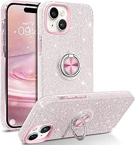 DOMAVER for iPhone 15 Case, Phone Case iPhone 15 with Rotating Ring Stand Glitter Bling Luxury Soft TPU Cover and Hard PC Protective Cases Women Girls-Pink