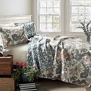 Lush Decor Sydney Reversible Cotton Quilt Set Cotton Bedding, 3 Piece Set, King, Green & Blue - Bedding Set - Blue Floral Quilt - Cottage Decor - Bedding King Size