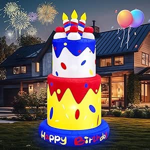 6FT Inflatable Happy Birthday Cake with Candles Outdoor Decorations Lighted Blow up Holiday Birthday Party Decor with LED Lights for Indoor Home Celebration Yard Garden Lawn Prop Sign