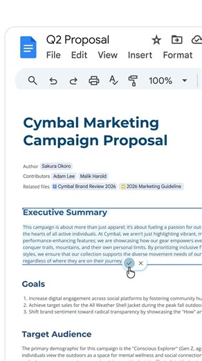 Use Gemini in Google Docs to generate polished, ready-to-share documents from your work context. ✅