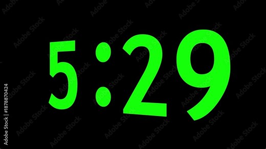 Digital countdown timer animation with changing minute and second values. Numeric time display for short duration and fast action moment. Countdown clock element for event start and timing use.