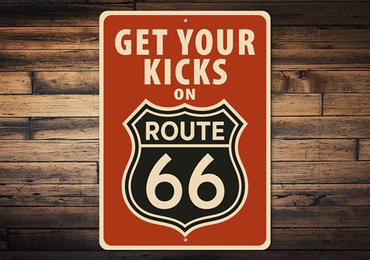 Get Your Kicks on Route 66 Metal Sign – Vintage Highway Road Sign, Retro Americana Garage Decor, Classic Route 66 Wall Art
