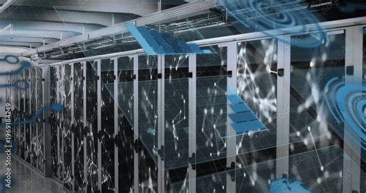 Vertical video: Overlay starting over racks pulsing and sliding to show data flow in data center