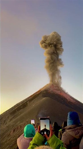 Volcán de Fuego Erupts Lava and Ash at Sunrise
