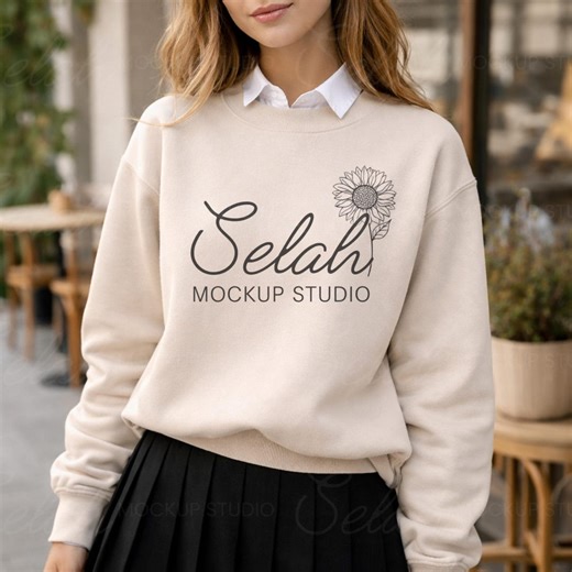 Gildan 18000 Mockup Custom School Sweatshirt Mockup Sand Crewneck Sweatshirt Print on Demand Digital Download - Etsy