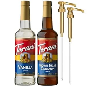 Torani Syrups, Brown Sugar Cinnamon and Vanilla Syrup Variety 2-Pack, Coffee Syrups for Drinks, Pumps Included, 25.4 Fl Oz Ea