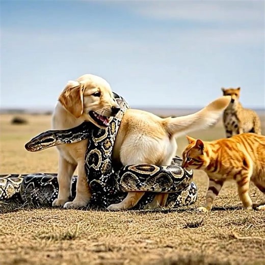 Cat Steps In to Help Puppy Trapped by Python