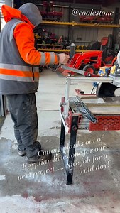 Today we are working on cutting ‘planks’ out of Egpytian limestone supplied by @coolestoneni. These planks will form part of the border around the patio that we are starting next week. Small skiff of snow on the ground this morning…. 🥶 | Michael Costelloe Landscaping