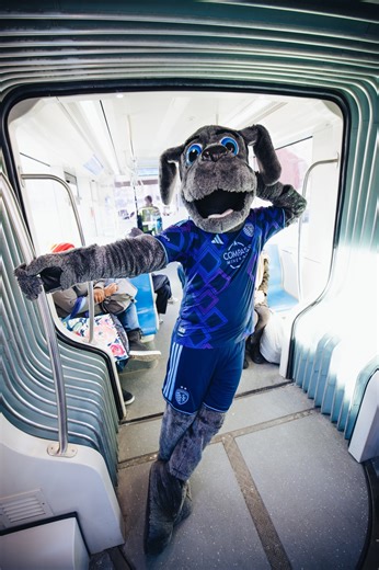 Blue had to take his new kit on a test ride on the KC Streetcar! | Sporting Kansas City