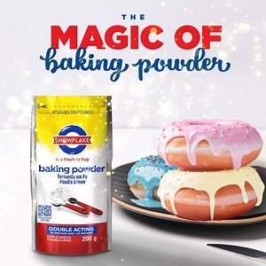 Baking dreams come true with one essential ingredient - Snowflake Baking Powder 🥮 From doughnuts to muffins, cakes and scones, your creations will always be light and fluffy and never fall flat. #Snowflake #MagicStartsWithSnowflake #TooFreshToFlop | Snowflake