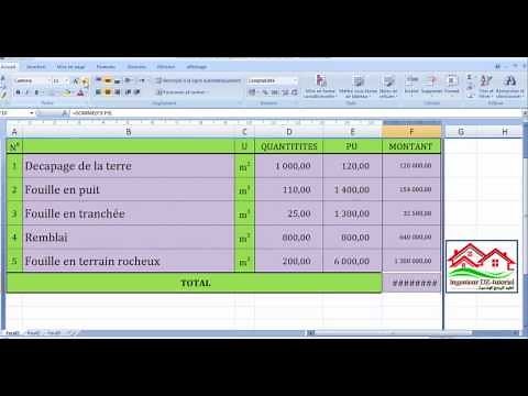 شرح عمل كشف كمي و تقديري للتسويات (devis quantitatif et estimatif pour terrassements) على Excel