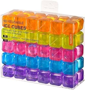 Reusable Ice Cubes - Quick Freeze Clear Plastic Square Ice cubes With Resealable Bag Pack Of 30/60 (60, Multicolor)