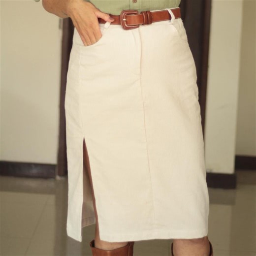 High Waisted Corduroy Skirt off White, Casual Midi Pencil Skirt, Elegant Cozy Cord Skirt With Slit Lining 100% Cotton, Elastic Waist - Etsy