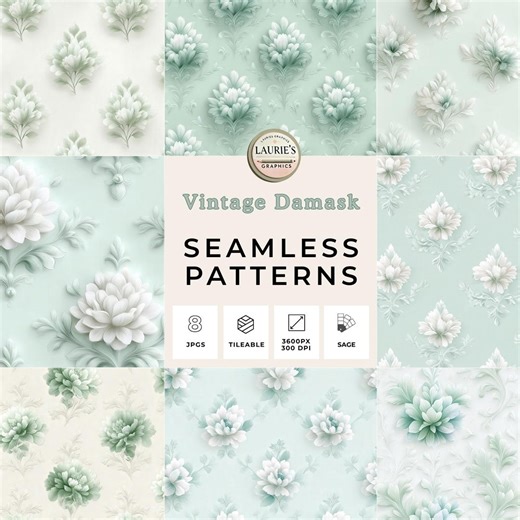 Vintage Damask Seamless Patterns: Sage Floral Backgrounds, Antique Style Paper (digital Download) - Etsy
