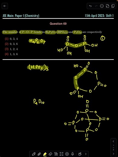 JEE Main PYQ | Number of P-O-P Bonds in H4P4O7, (HPO3)3, P4O10