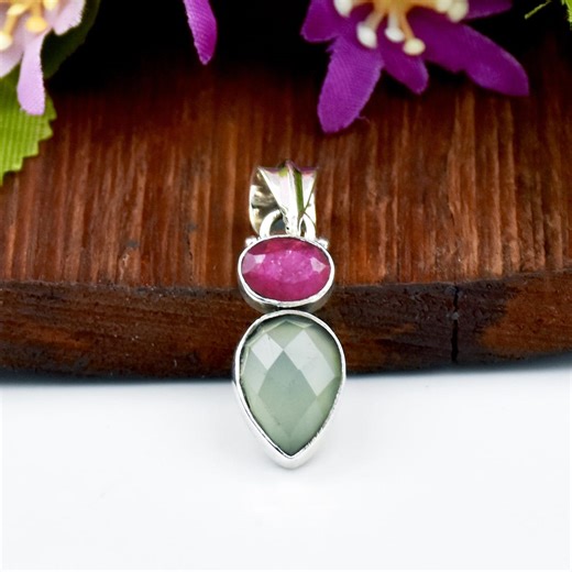 Ruby & Aqua Chalcedony Teardrop Pendant, Sterling Silver Statement Jewelry - Etsy