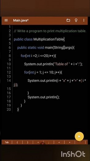 Write a program to print multiplication table java. #java #programming #javatable #coding #multiple