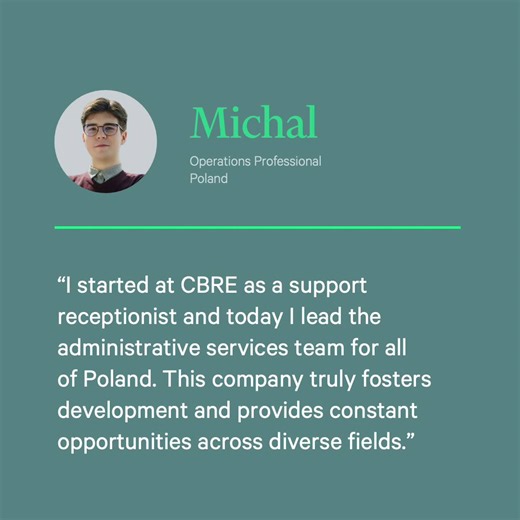 Whether it’s learning from colleagues who are seasoned professionals or leading new initiatives, our people thrive in an environment built on collaboration and development. Every challenge you take on at CBRE is a chance to grow your career. Click through to learn how our colleagues across Europe are supported to succeed and stay connected to what’s next by joining our Talent Community: https://cbre.co/3ICo6Af #TogetherCBRE | CBRE