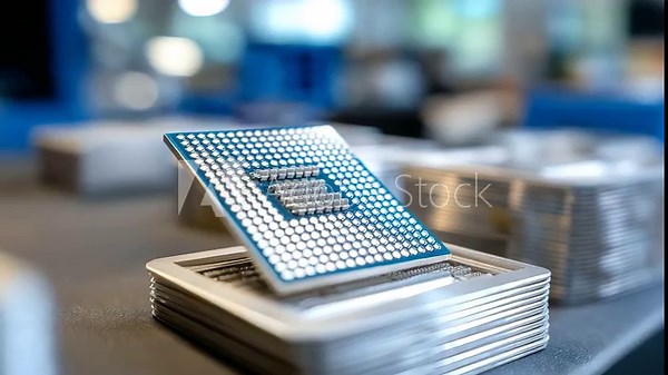 An advanced packaging facility implements 3D chip stacking and system-in-package (SiP) technology. A close-up shows multiple dies being stacked vertically, an innovative assembly m