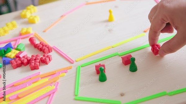 Child and adult hands engaged in educational game using colorful plastic counters and counting sticks on wooden table, Early childhood development, promotes fine motor skills
