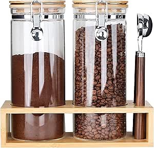 KKC HOME ACCENTS Airtight Glass Coffee and Sugar Storage Canisters with Sealed Clamp Lids and Scoops, Air tight Glass Coffee bean Containers for Ground Coffee,Loose Leaf Tea,Brown Sugar,50 FL OZ
