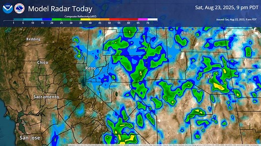 Take a look at model radar below! Storms will progress northward today, bringing shower and thunderstorm chances into the Reno-Carson-Minden area today. In the loop, you'll notice that storms populate along the same areas today. This will allow for the potential for flooding and flash flooding. | US National Weather Service Reno Nevada
