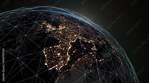 Digital grid over the surface of the night planet earth. A futuristic, global plexus network that covers the entire planet.