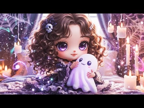 The chibi horror character sitting down calmly, petting the ghost plushie, soft pastel glow, spooky