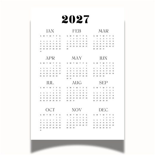 2027 Printable Year Calendar, Minimal One Page Yearly Wall or Desk Planner, A3 A4 US Letter, Instant Download PDF - Etsy