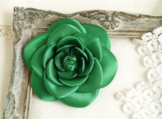 Green Fabric Flower Brooch: Emerald Green Satin Silk Camellia Corsage Pin, Gift for Woman - Etsy